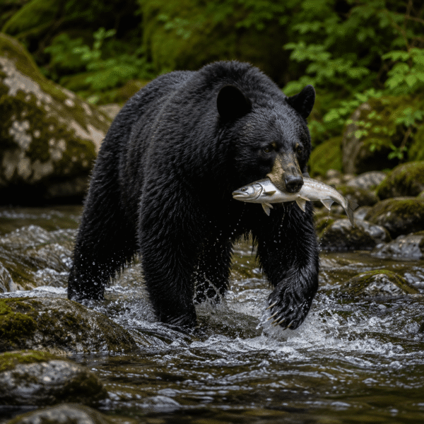 black bear wading in river with fish